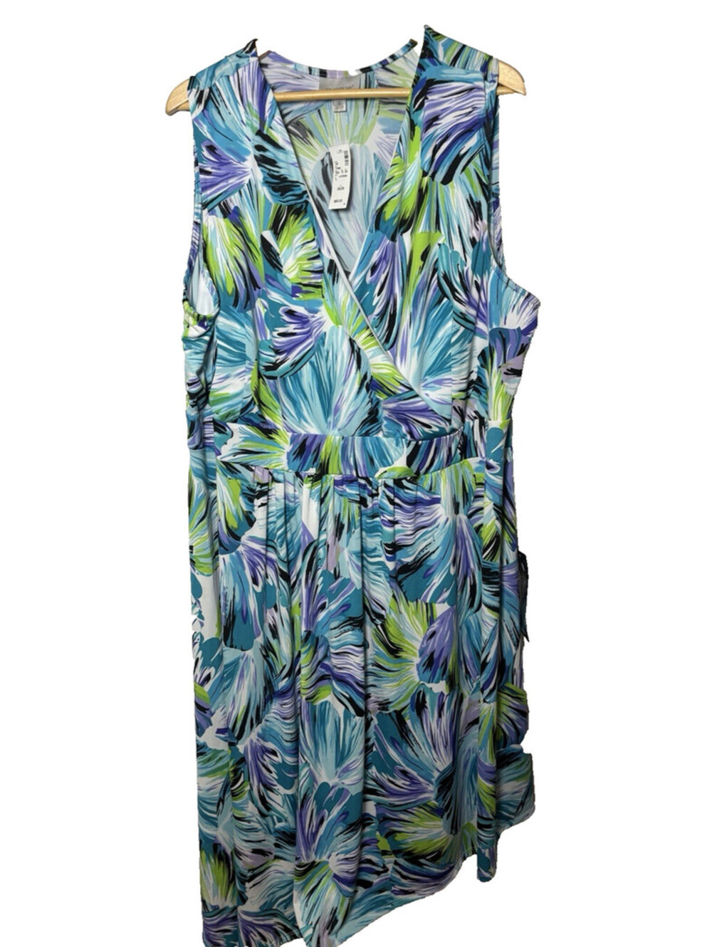 Avenue Plus 26/28 Blue Green Purple Tropical V-Neck Knit Stretch  Dress NWT